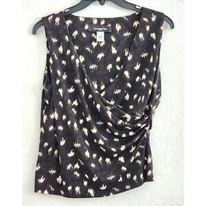 TOP/BLOUSE-JONES NEW YORK PETITE-Chocolate Brown-Tan-Draped Front-Petite Medium